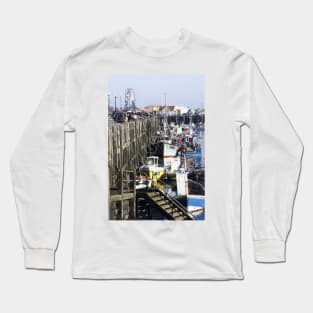 Fishing boats moored along Scarborough sea front, Yorkshire, UK Long Sleeve T-Shirt